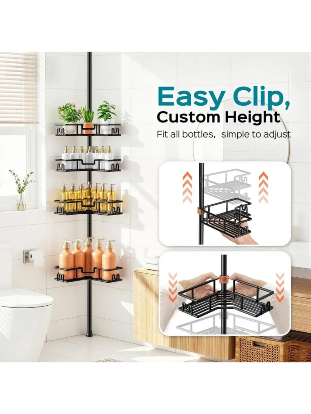 Adjustable 4-Tier Shower Caddy Tension Pole - Rustproof Corner Organizer Rack
